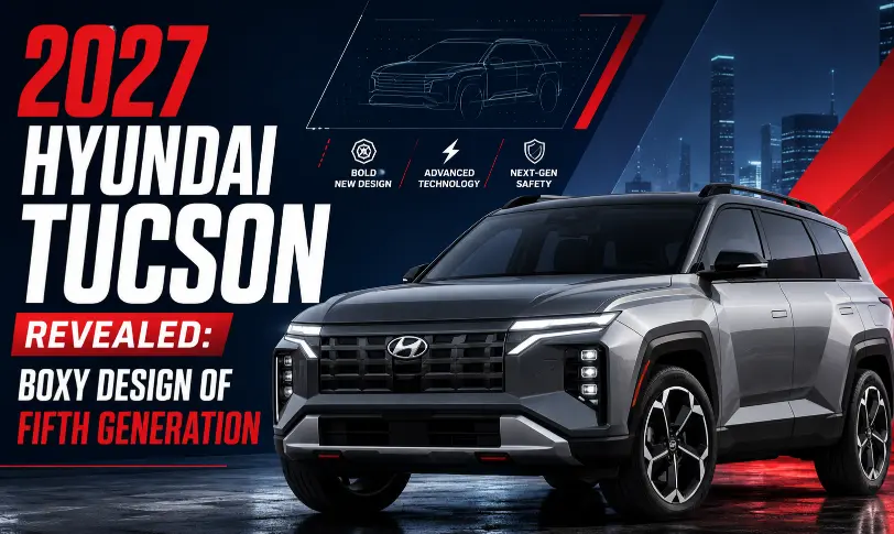 2027 Hyundai Tucson revealed with a boxy fifth-generation design in a red, navy blue, black and white blog banner