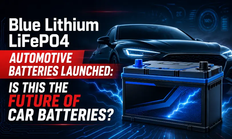 Blue Lithium LiFePO4 automotive battery technology showing the future of car batteries