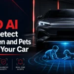 BYD AI feature showing a car detecting a child and a pet underneath before moving