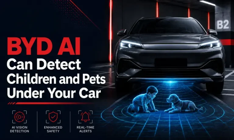BYD AI feature showing a car detecting a child and a pet underneath before moving