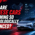 Futuristic Chinese electric car with AI, battery and smart technology graphics