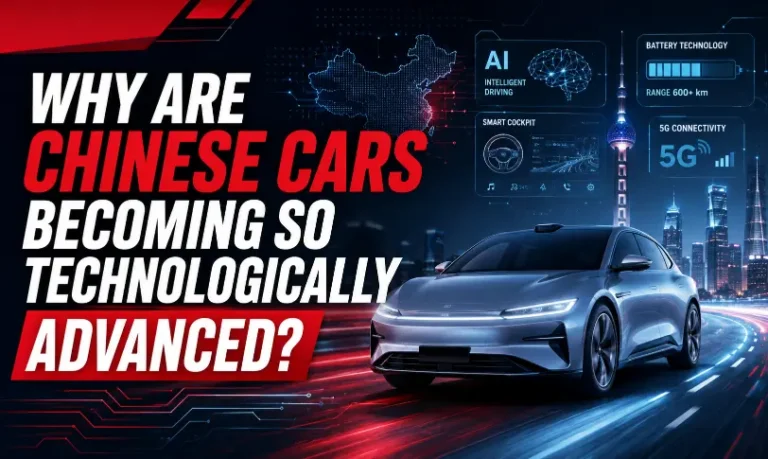 Futuristic Chinese electric car with AI, battery and smart technology graphics