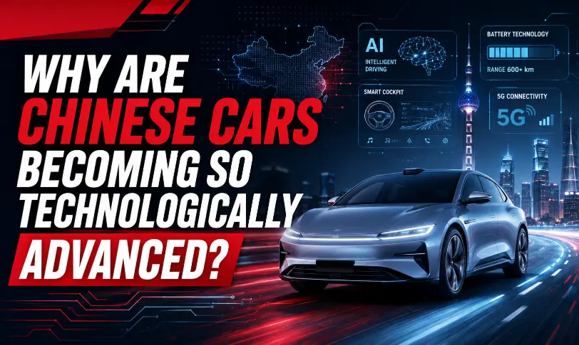 Futuristic Chinese electric car with AI, battery and smart technology graphics