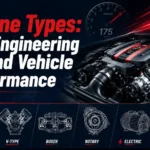 Engine Types illustration showing inline, V-type, boxer, rotary, electric and hybrid vehicle power systems