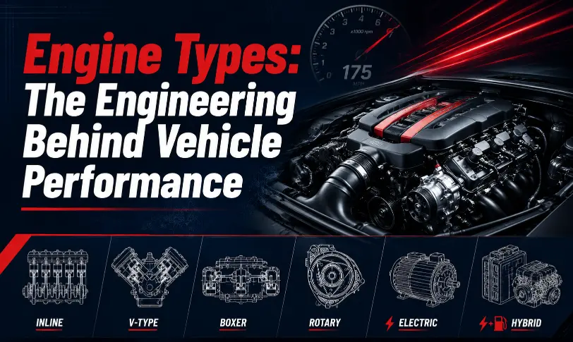 Engine Types illustration showing inline, V-type, boxer, rotary, electric and hybrid vehicle power systems