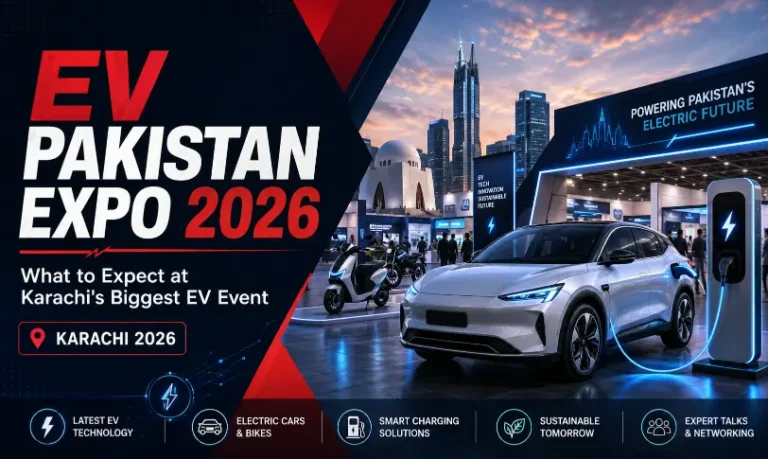 EV Pakistan Expo 2026 in Karachi showcasing electric cars, bikes, and charging technology