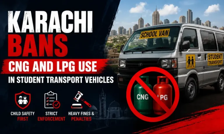 Karachi bans CNG and LPG use in student transport vehicles with school van safety notice graphic