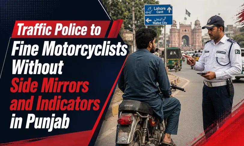 Traffic police stopping motorcyclists without side mirrors and indicators in Punjab Pakistan