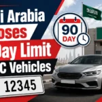 Saudi Arabia 90-day limit on GCC vehicles with car, border checkpoint and 90-day rule graphic