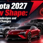 Toyota 2027 new shape concept image showing a red sedan, silver SUV and black pickup with rumors, redesigns and expected changes text