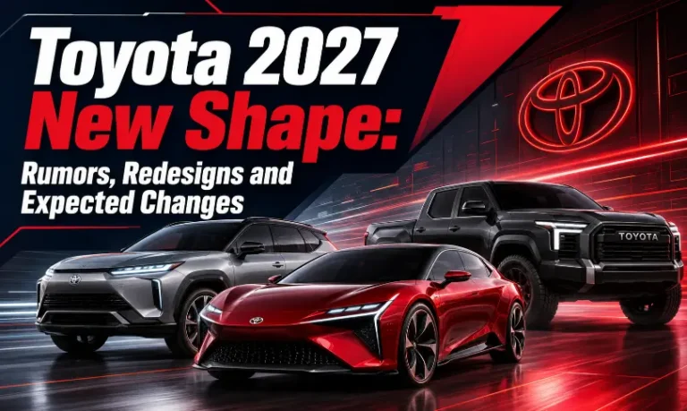 Toyota 2027 new shape concept image showing a red sedan, silver SUV and black pickup with rumors, redesigns and expected changes text