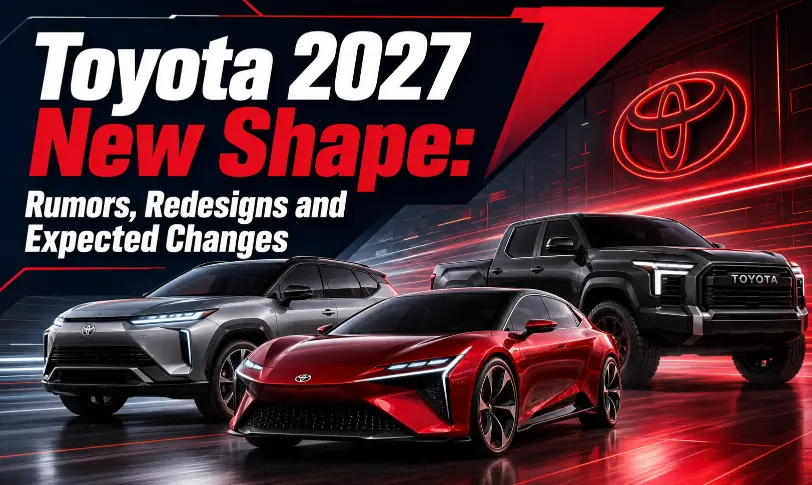 Toyota 2027 new shape concept image showing a red sedan, silver SUV and black pickup with rumors, redesigns and expected changes text