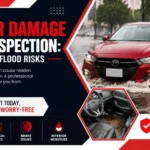 Water damage car inspection showing a red car driving through flooded streets with hidden flood damage risks