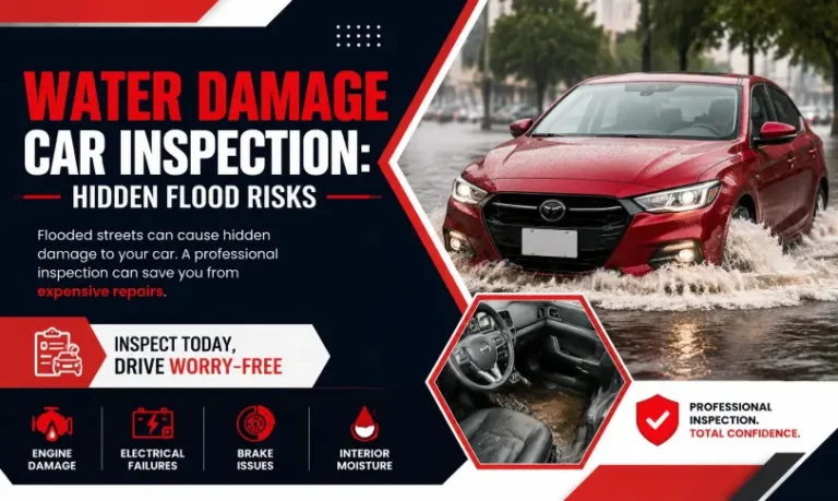 Water damage car inspection showing a red car driving through flooded streets with hidden flood damage risks