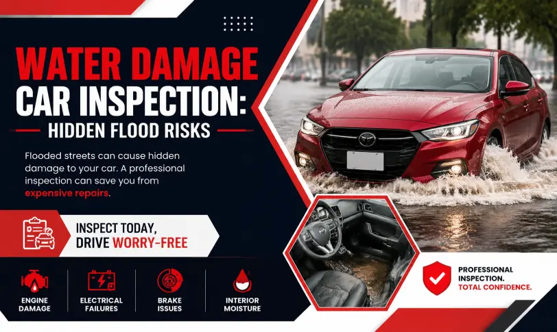 Water damage car inspection showing a red car driving through flooded streets with hidden flood damage risks
