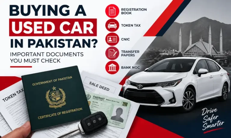 Buying a used car in Pakistan document checklist showing registration book, token tax, CNIC, transfer papers, and bank NOC