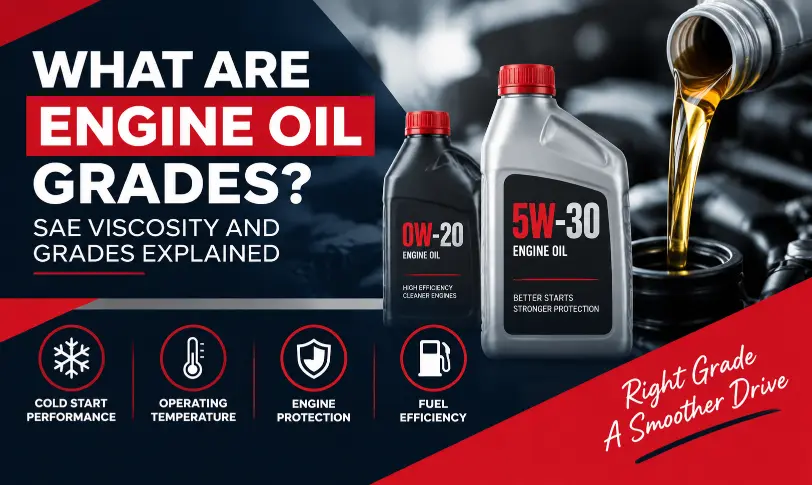 Engine oil grades explained with SAE viscosity examples like 5W-30 and 0W-20 for vehicle maintenance