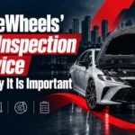 FameWheels car inspection service banner showing a technician checking a car with an open hood using a diagnostic tablet.