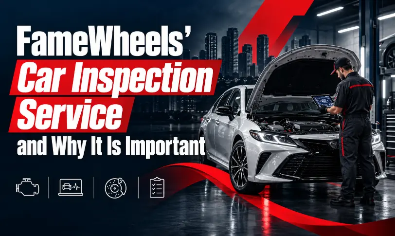 FameWheels car inspection service banner showing a technician checking a car with an open hood using a diagnostic tablet.